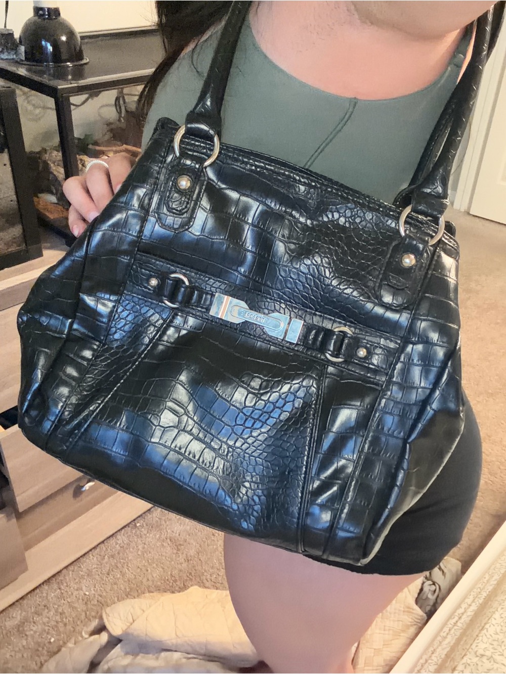 Black Croc-Embossed Shoulder Bag